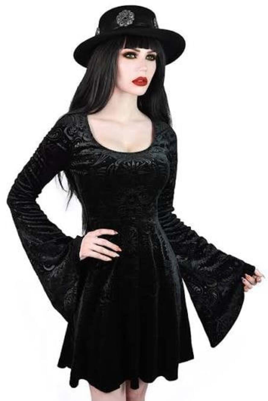 Killstar Women L Dreamweaver Skater Dress Velvet Bell Sleeve Goth Grunge Mini